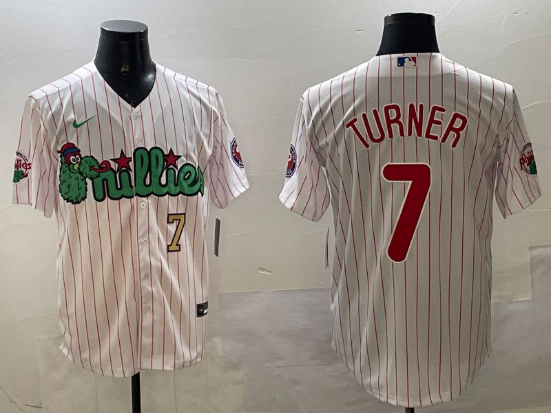 Men Philadelphia Phillies #7 Turner White Stripe Three generations Joint Name Game 2025 Nike MLB Jersey style 3->women mlb jersey->Women Jersey